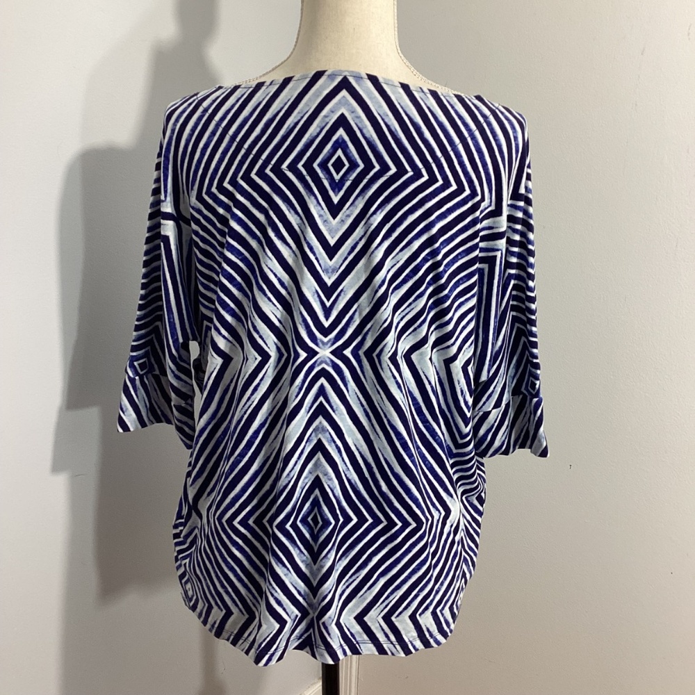 CHICO'S SIZE 3 (XL) JERSEY KNIT KIMONO TOP BLUE GEOMETRIC PRINT - Picture 6 of 10